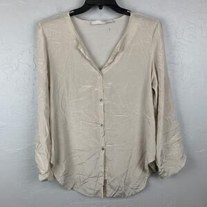 Lola & Sophie Top Womens XL Beige Silk Blend Button Front Blouse Made USA